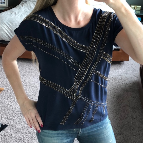 Navy Silk beaded Club Monaco Top - Picture 1 of 5